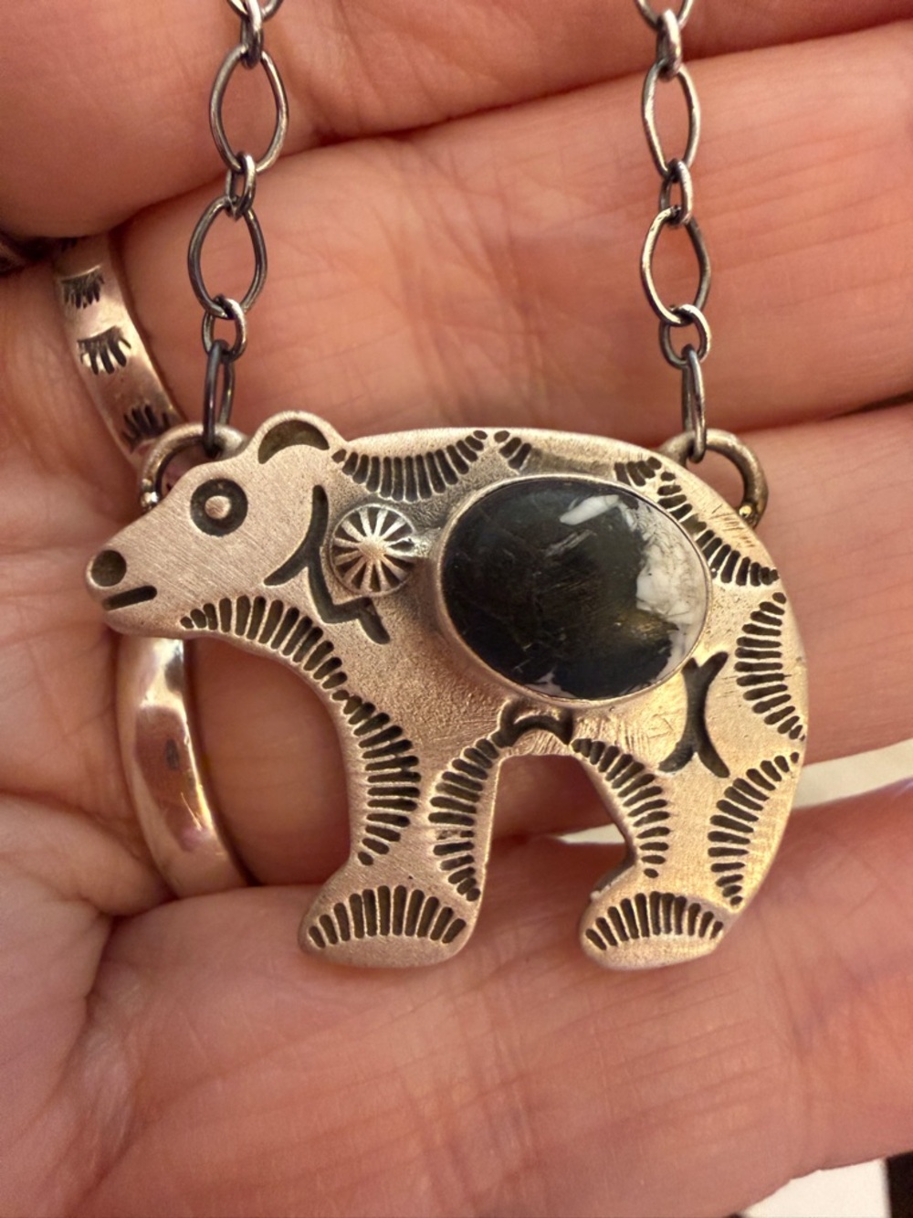 ❤️ White Buffalo Hand Stamped Statement Bear Necklace Matte Sterling 18+2” Adj - Picture 3 of 14